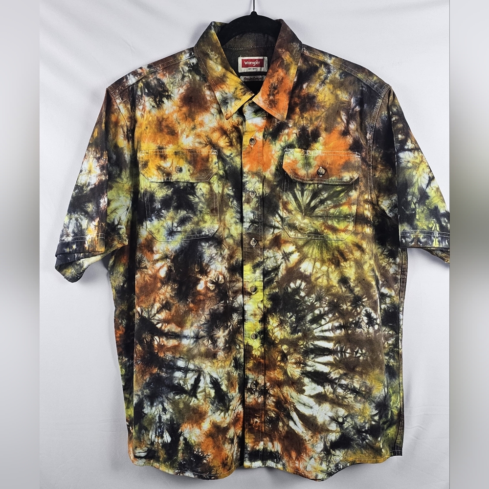 Mens Wrangler Button Up Acid Wash Tie Dye FLEX Size‎ L Cowboy SHIRT